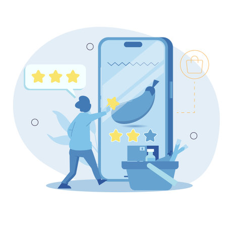 People who are rating in ecommerce. People who are shopping online. It is easier for people to shop for everything they need in the application. flat cartoon vector illustrationのイラスト素材