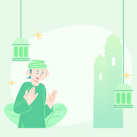 cute flat illustration eid mubarak greeting. flat illustration about fasting. cute illustration of breaking fast. cute flat illustration ramadan.のイラスト素材