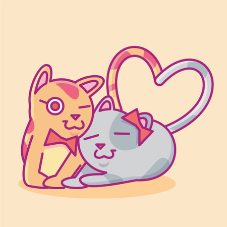 cute cat illustration. cat flat illustration. illustration of a cat couple making a love symbol with tails. cute cat cuddling.のイラスト素材