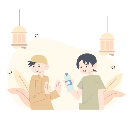Illustration of Ramadan refusing to give people drink while fasting. sorry I'm fasting.のイラスト素材