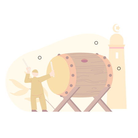 a Muslim who beats a drum in the month of Ramadan. with a flat design.のイラスト素材