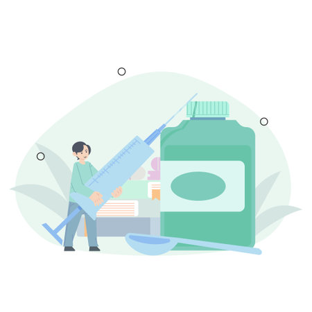 illustration of medicine and syringe. illustration of a person holding a syringe. flat vector illustration. Tiny doctor characters holding syringe with injection,のイラスト素材