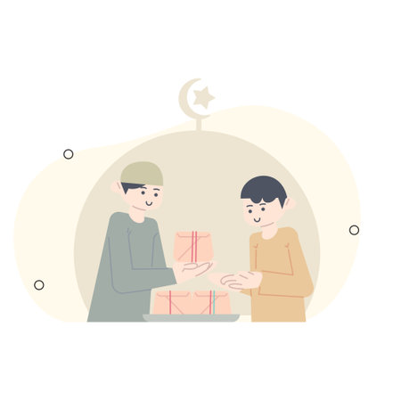 a man who gives rice to break the fast. Ramadan illustration. Giving rice packs to people who are fasting.のイラスト素材