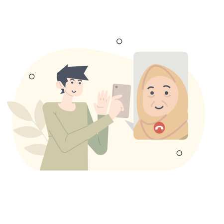 ramadan illustration. apologize to mother for not being able to go home on Eid al-Fitr. teleconference with mother during Eid al-Fitr.のイラスト素材