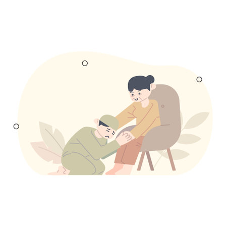 ramadan illustration. a man who apologizes. boy apologizing to his mother apologize in the month of Ramadan.のイラスト素材