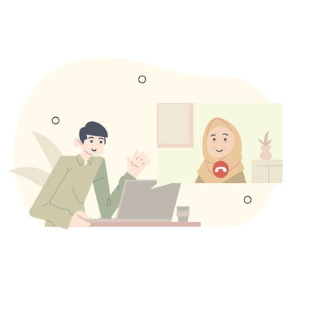 ramadan illustration. apologize to mother for not being able to go home on Eid al-Fitr. teleconference with mother during Eid al-Fitr.のイラスト素材