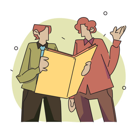 A flat vector illustration of two characters discussing and exchanging ideas while holding documents, with a thought bubble showing the exchange of ideas. The characters are depicted in a modern style with bold lines and bright colors.のイラスト素材