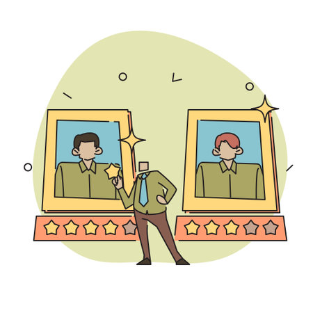 A flat vector illustration of a character with a clipboard, evaluating their coworkers to determine the Employee of the Month. The character is depicted in a modern style with bold lines and bright colors.のイラスト素材