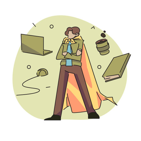 A flat vector illustration of a character's workstation, overflowing with laptops, mice, coffee cups, and piles of documents. The character and their work tools are depicted in a clean, minimalist style with pastel colors and simple shapes.のイラスト素材