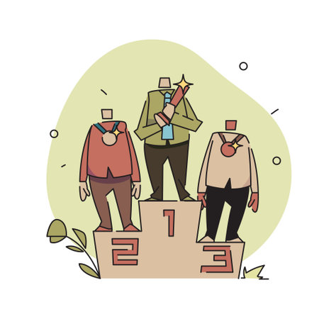 A flat vector illustration of three characters standing on a podium, each with a medal and cup. The characters are depicted in a modern, minimalist style with clean lines and geometric shapes.のイラスト素材