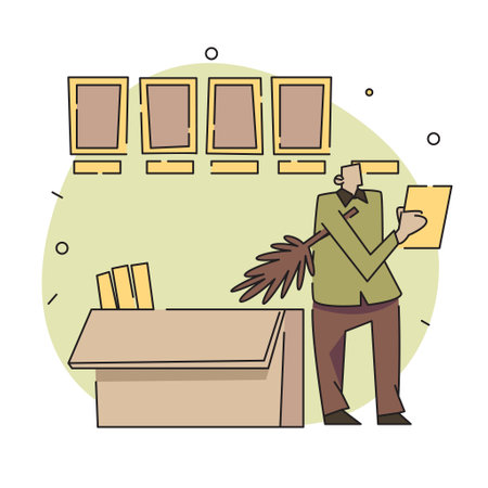 A flat vector illustration of a character carrying a large photo of the Employee of the Month, with a confident and proud expression on their face. The character and the photo are depicted in a modern style with bold lines and bright colors.のイラスト素材
