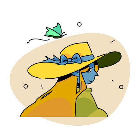 woman looking back, wearing a big hat and behind her flying a beautiful butterfly.のイラスト素材