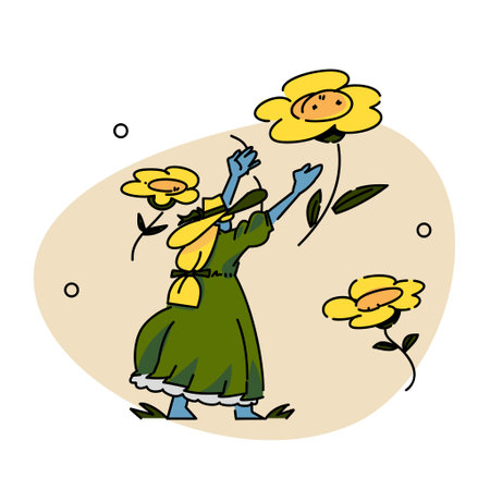 Women holding and flying sunflowers, vector graphic.のイラスト素材