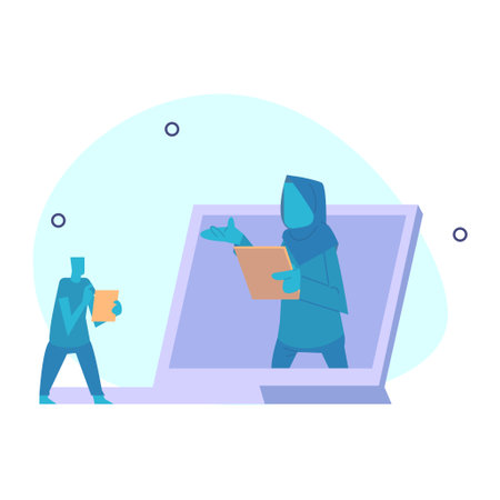 businessman from inside a laptop, giving directions to his client. Online customer service concept.のイラスト素材