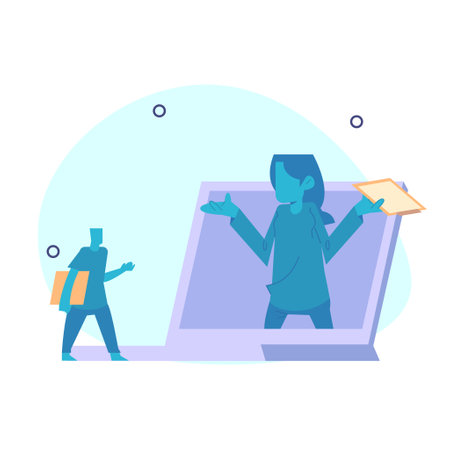 businessman from inside a laptop, giving directions to his client. Online customer service concept.のイラスト素材