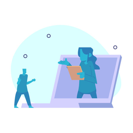 businessman from inside a laptop, giving directions to his client. Online customer service concept.のイラスト素材