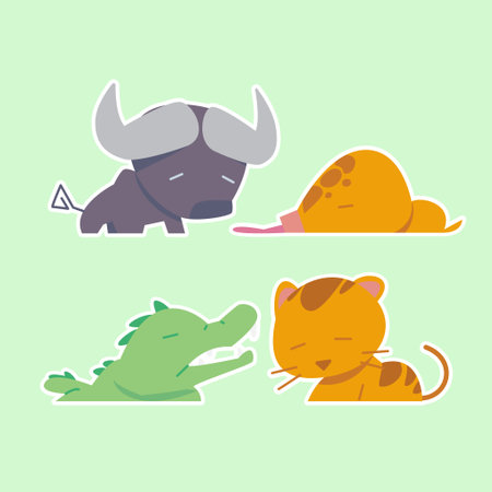 Cute wild animals set including lion, tiger, hippo, crocodile, fox, zebra, giraffe, and elephant. Safari jungle animals vector. Woodland animal illustration.のイラスト素材