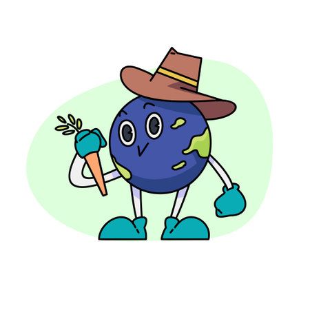 Vintage motivation poster or card design template with walking happy cute Earth planet character mascot with better days ahead caption for t shirt print. Vector illustrationのイラスト素材