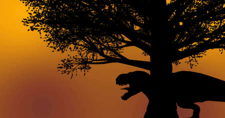 Black dinosaur roaring under a dark tree during sunset sunrise timeの写真素材