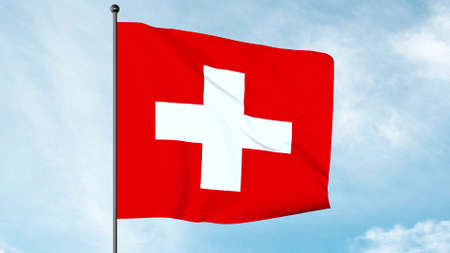 3D Illustration of The flag of Switzerland displays a white cross in the centre of a square red...