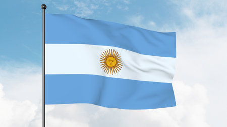 3D Illustration of The flag of Argentina is a triband, composed of three equally wide horizontal bands coloured light blue and white.の写真素材