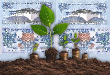 Money Roots: Artistic Depictions of Business Success Blue on multicolor underprint. Dharmachakra between two dragons (Druk) at centre.の写真素材