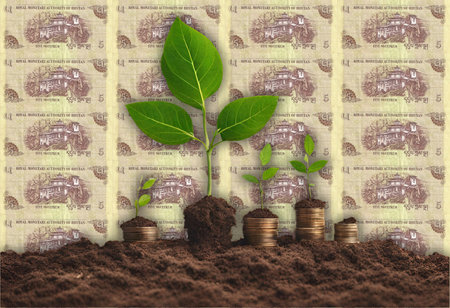 From Seeds to Wealth: Money Tree Illustrations Dharma wheel, Portrait from Bhutan 5 Ngultrum Banknotesの写真素材