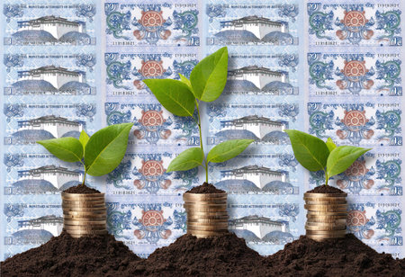 Illustrating Wealth: Money Trees and Business Success Blue on multicolor underprint. Dharmachakra between two dragons (Druk) at centre.の写真素材