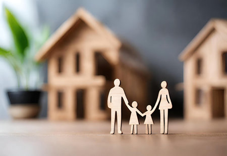 Home and Love Concept: Wooden Figurines in a Happy Familyの素材