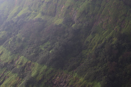 A dramatic shot of the lush green cliffs of Matheran enveloped in light mist. The rugged terrain and vibrant vegetation under monsoon clouds highlight the majestic beauty of the Western Ghats, perfect for use in nature, travel, and conservation themes.の写真素材