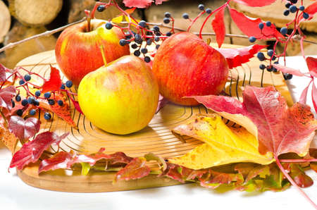 Red,green and yellow apples with leaves in the basket の写真素材