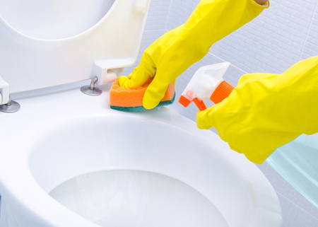 Hands on yellow gloves cleaning a WCの写真素材