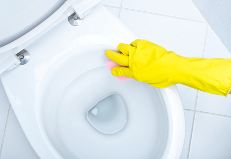 Hands on yellow gloves cleaning a WCの写真素材