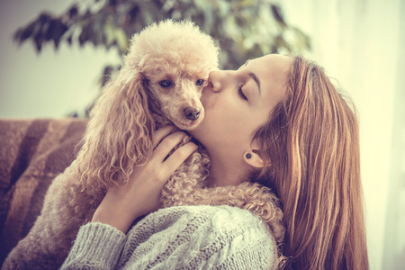 Young girl is resting with a dog on the armchair at home.の写真素材