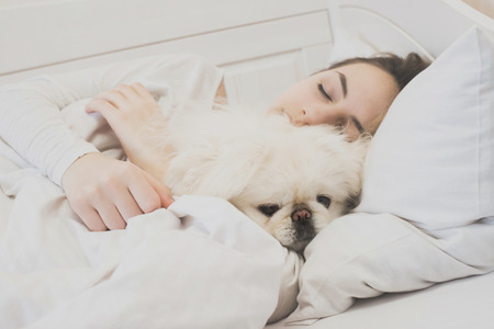 Girl and her dog in the bed.の写真素材