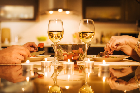 Young couple have romantic dinner with wine. Romantic concept.の写真素材