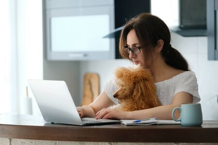 Young woman with her dog working using a laptop at home.の写真素材