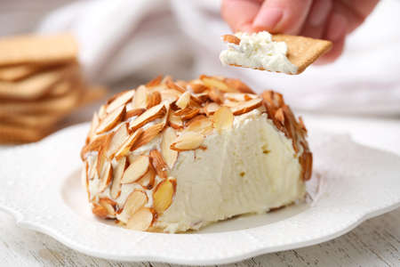 Woman's hand holding cracker with cheese snack.の写真素材