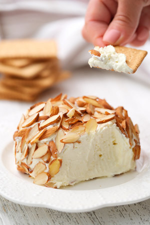 Woman's hand holding cracker with cheese snack.の写真素材