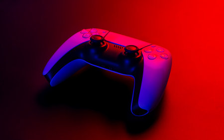 Modern white gamepad illuminated red and blue on a dark background.