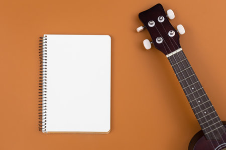 Ukulele guitar and notebook on brown background, flat lay.の写真素材