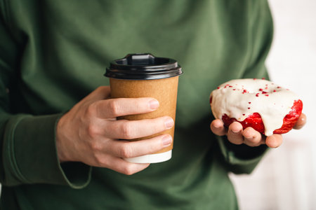 A paper cup of coffee and an appetizing donut in male hands close-up.の写真素材