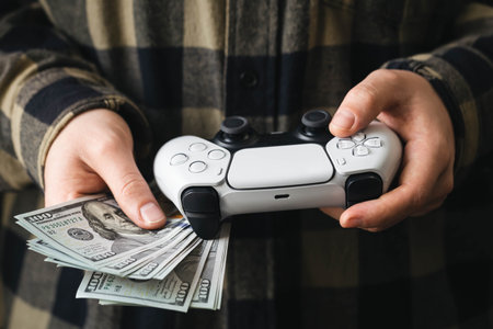 White gamepad and dollar bills in the hands of a man close-up.