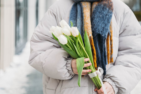 Close-up, a bouquet of white tulips in female hands outside in winter.の写真素材