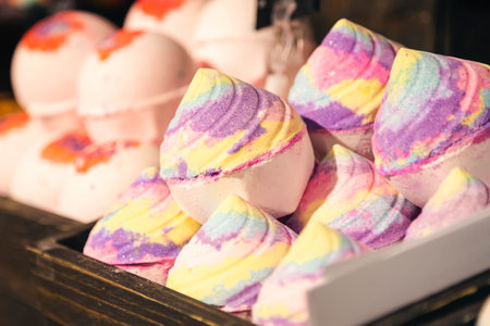 Handmade cosmetics, salt bright scented bath bombs, concept of body care.の写真素材