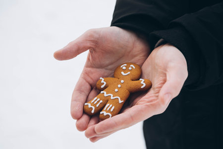 Gingerbread man in the hands of a man against a background of snow, close-up.の写真素材