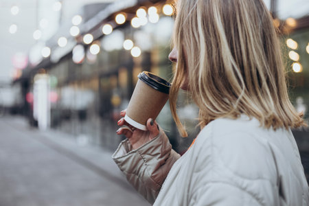 Blonde woman with paper cup of drink on blurred bokeh background, copy space.の写真素材