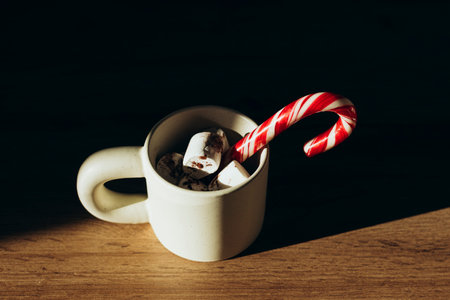 Cup of aromatic hot chocolate with marshmallows and cocoa powder on table.の写真素材