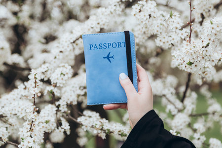 A passport in a female hand on a blurred background of a blooming spring tree.の写真素材