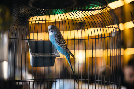 Cute parrot in cage in cafe interior background, funny domestic bird.の写真素材